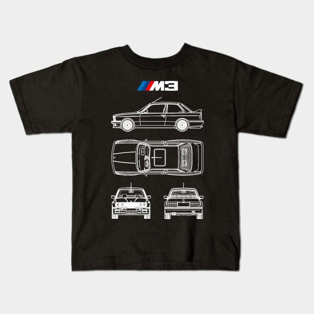 BMW E30 M3 Blueprint in White Kids T-Shirt by Industree Designs